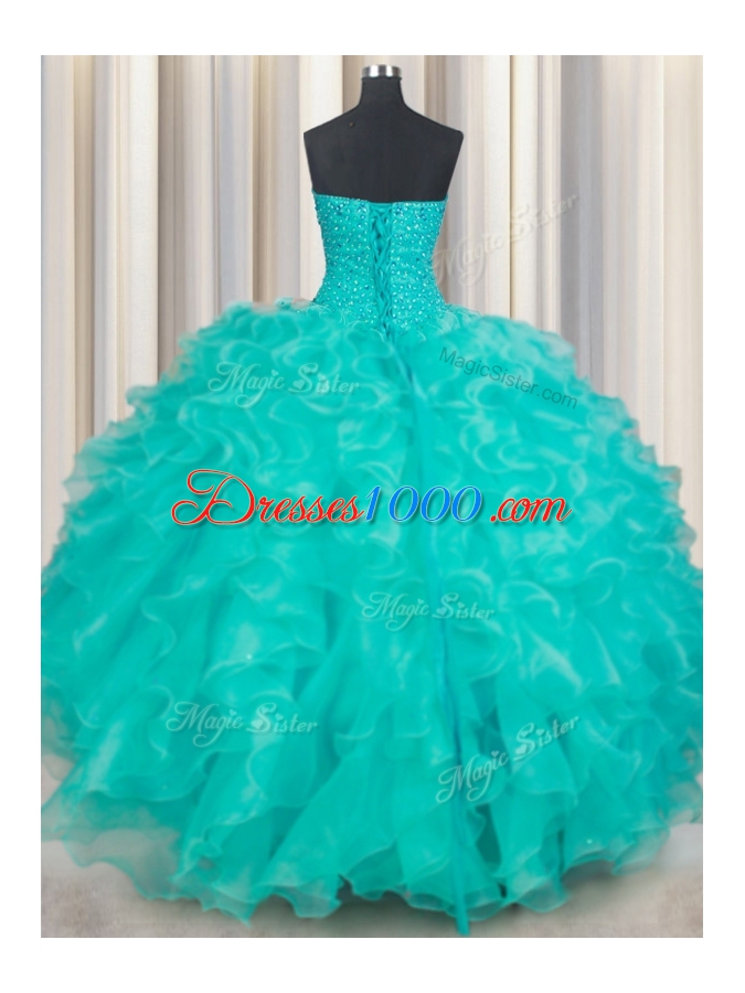 Eye-catching Turquoise Lace Up Sweetheart Beading and Ruffles Quinceanera Gown Organza Sleeveless