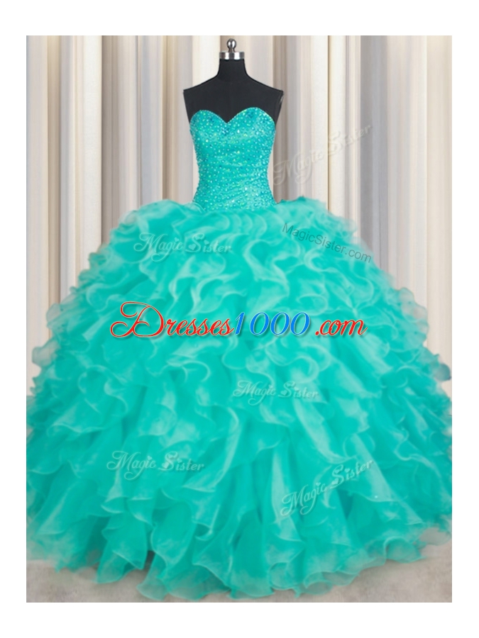 Eye-catching Turquoise Lace Up Sweetheart Beading and Ruffles Quinceanera Gown Organza Sleeveless