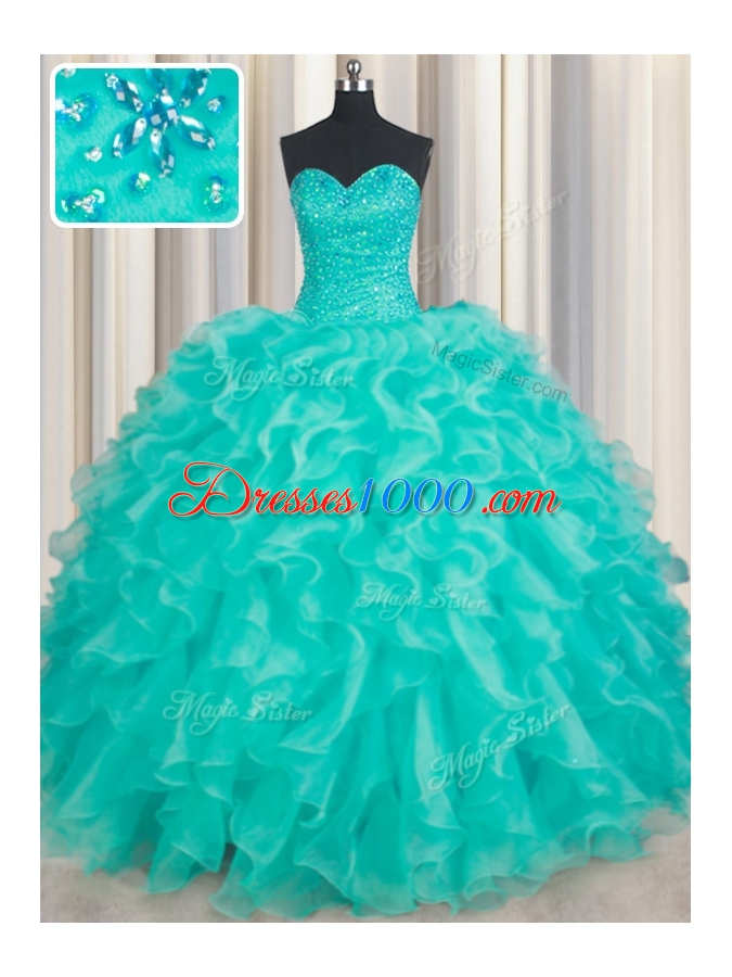 Eye-catching Turquoise Lace Up Sweetheart Beading and Ruffles Quinceanera Gown Organza Sleeveless