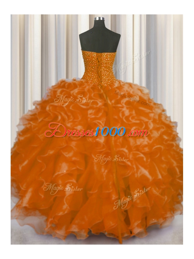 Modern Floor Length Orange Red Sweet 16 Quinceanera Dress Organza Sleeveless Beading and Ruffles