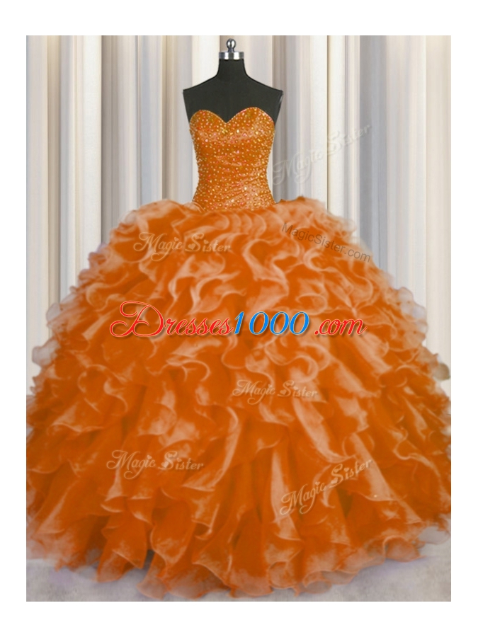 Modern Floor Length Orange Red Sweet 16 Quinceanera Dress Organza Sleeveless Beading and Ruffles