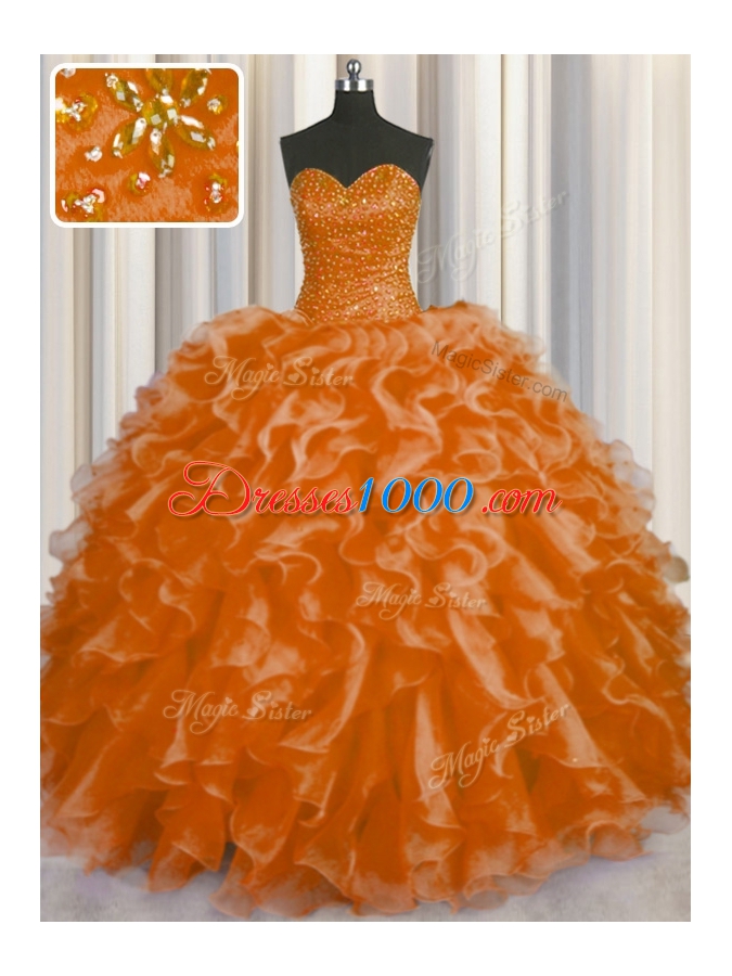 Modern Floor Length Orange Red Sweet 16 Quinceanera Dress Organza Sleeveless Beading and Ruffles