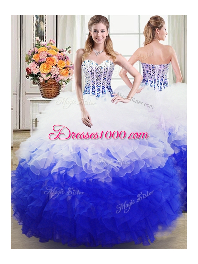 Three Piece Sleeveless Beading and Ruffles Lace Up Ball Gown Prom Dress