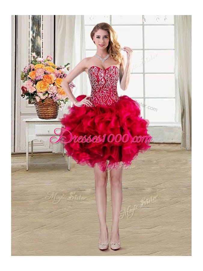 Three Piece Sweetheart Sleeveless Organza Ball Gown Prom Dress Beading and Ruffles Brush Train Lace Up
