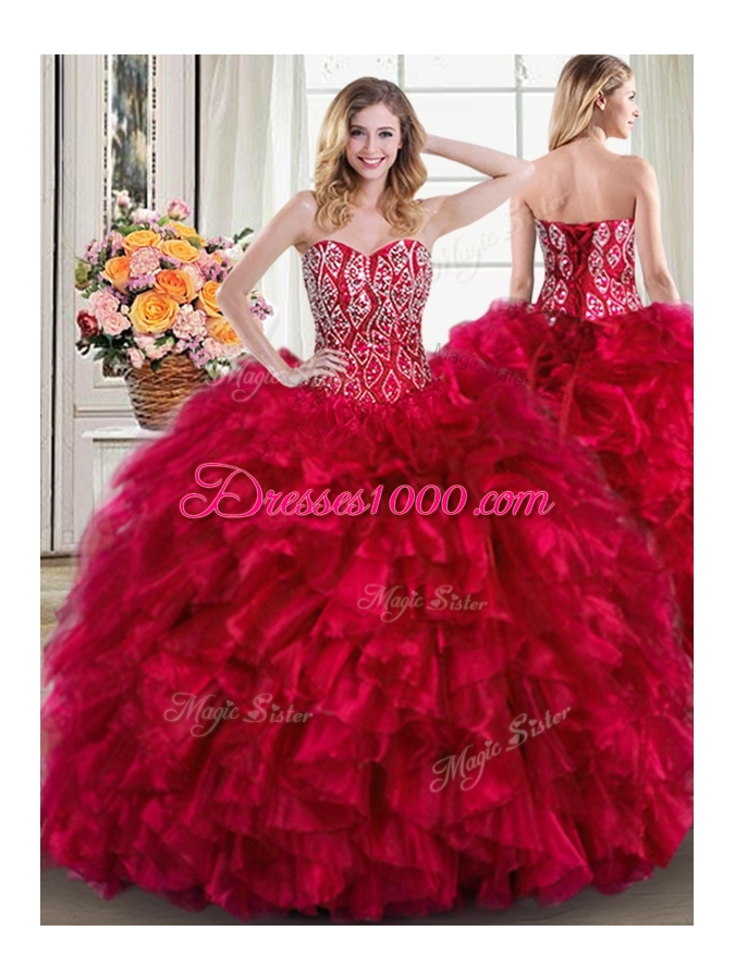Three Piece Sweetheart Sleeveless Organza Ball Gown Prom Dress Beading and Ruffles Brush Train Lace Up