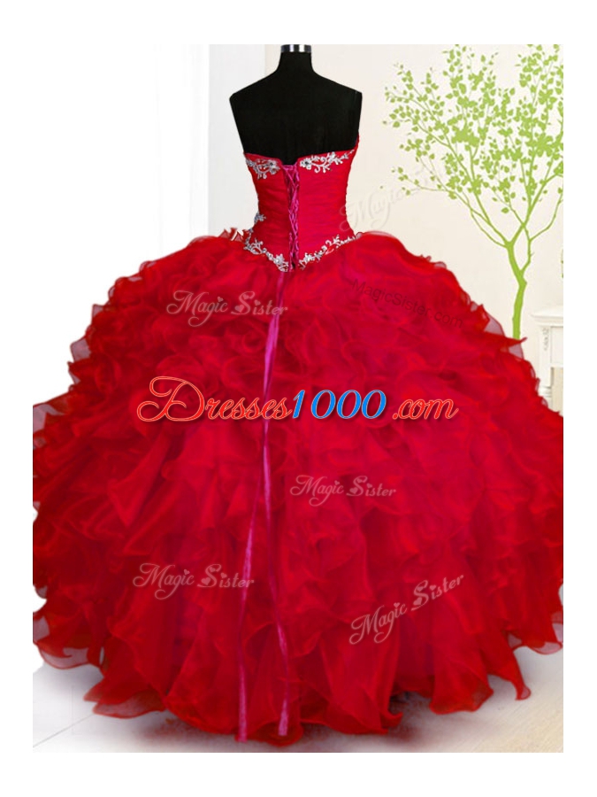 Ball Gowns Sweet 16 Dress Red Sweetheart Organza Sleeveless Floor Length Lace Up
