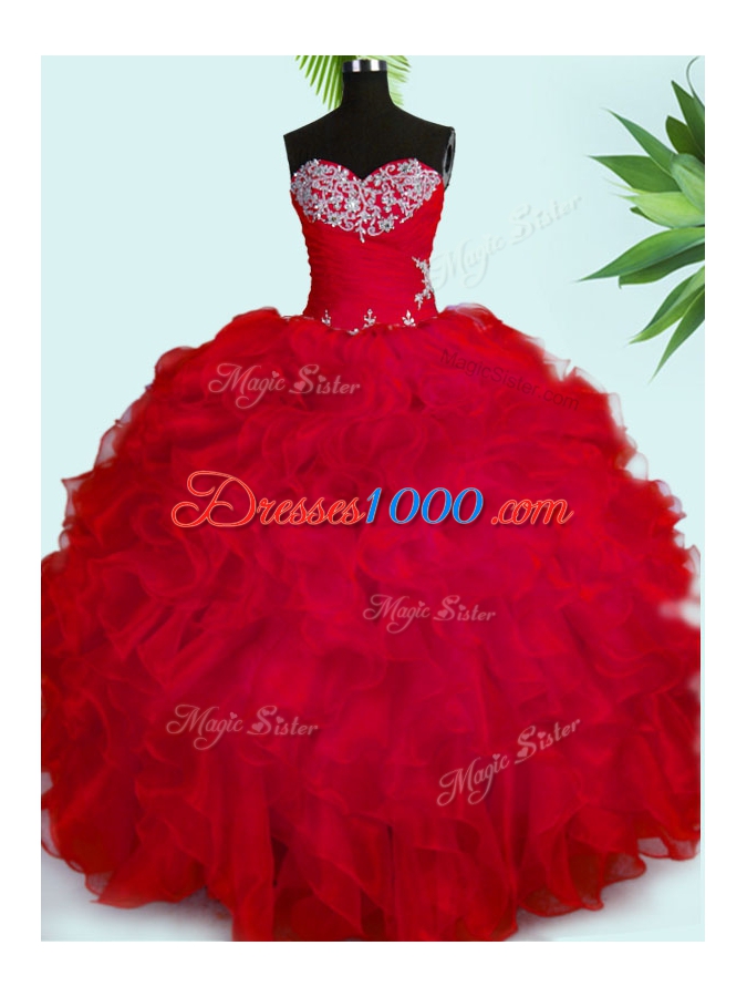Ball Gowns Sweet 16 Dress Red Sweetheart Organza Sleeveless Floor Length Lace Up