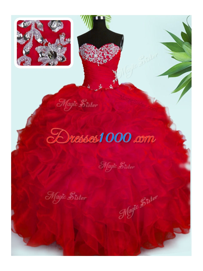 Ball Gowns Sweet 16 Dress Red Sweetheart Organza Sleeveless Floor Length Lace Up