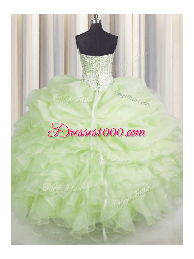 Beading and Ruffles Ball Gown Prom Dress Yellow Green Lace Up Sleeveless Floor Length