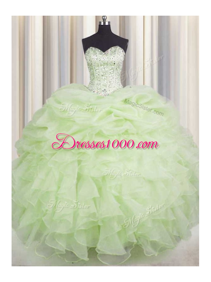 Beading and Ruffles Ball Gown Prom Dress Yellow Green Lace Up Sleeveless Floor Length