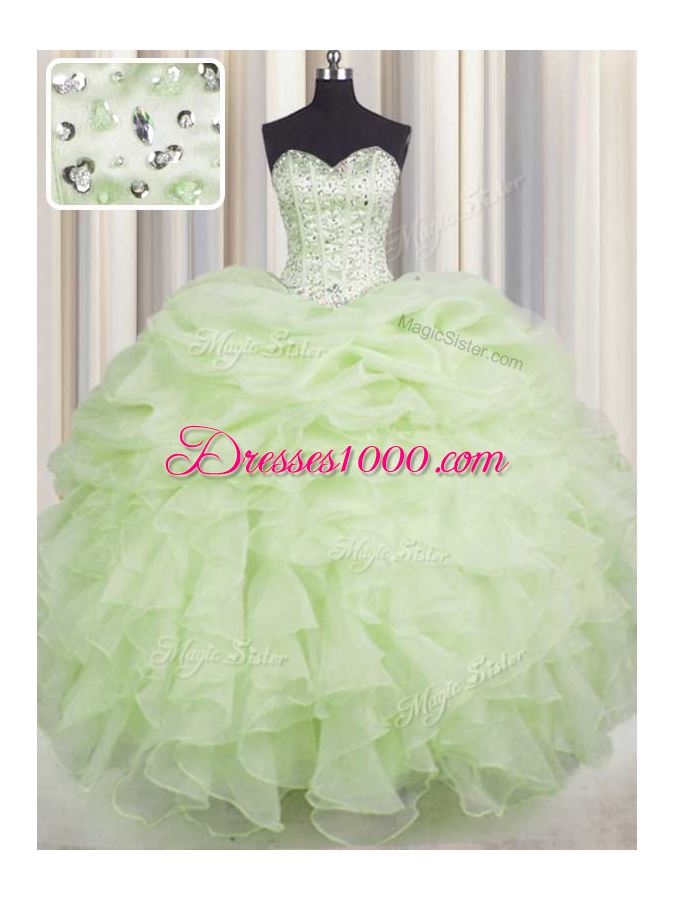 Beading and Ruffles Ball Gown Prom Dress Yellow Green Lace Up Sleeveless Floor Length