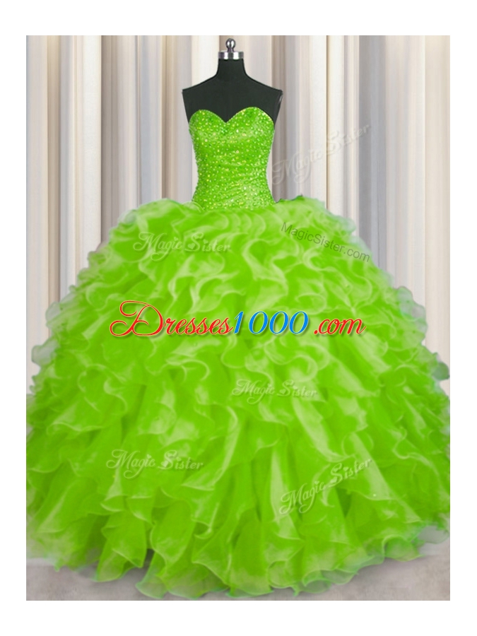 Beading and Ruffles Quinceanera Dresses Yellow Green Lace Up Sleeveless Floor Length