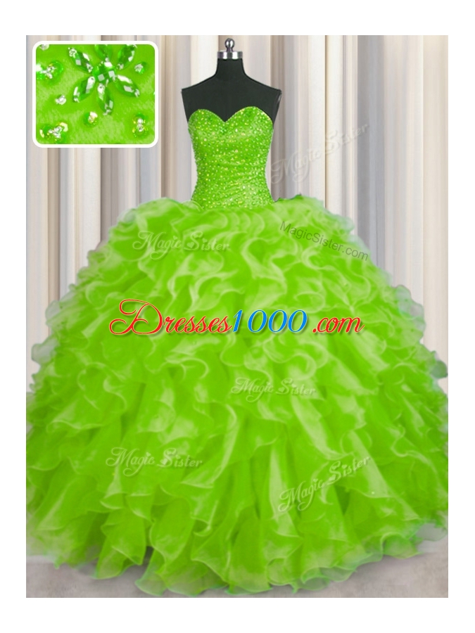 Beading and Ruffles Quinceanera Dresses Yellow Green Lace Up Sleeveless Floor Length