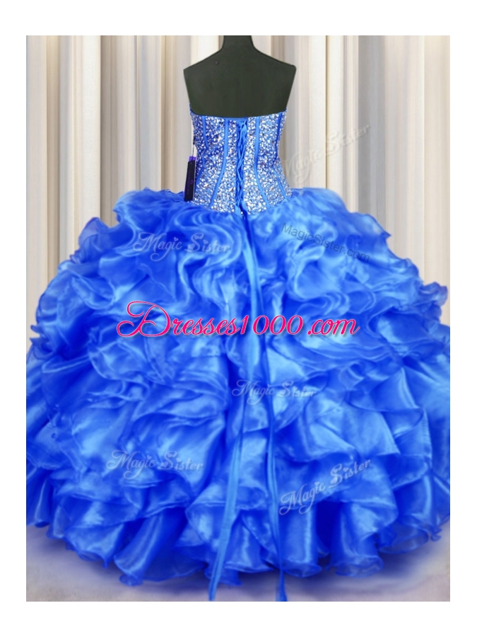 Blue Lace Up Sweetheart Beading and Ruffles Ball Gown Prom Dress Organza Sleeveless