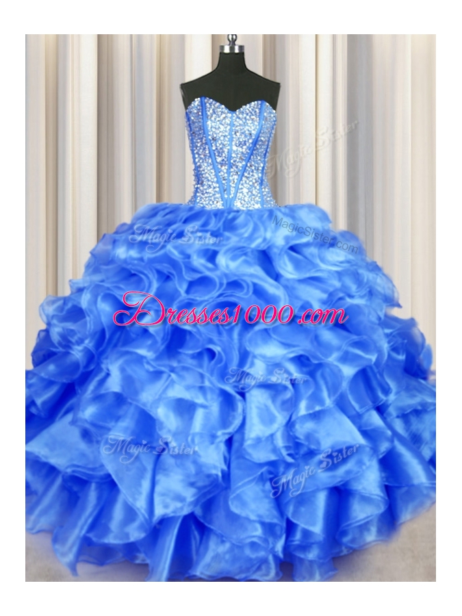 Blue Lace Up Sweetheart Beading and Ruffles Ball Gown Prom Dress Organza Sleeveless