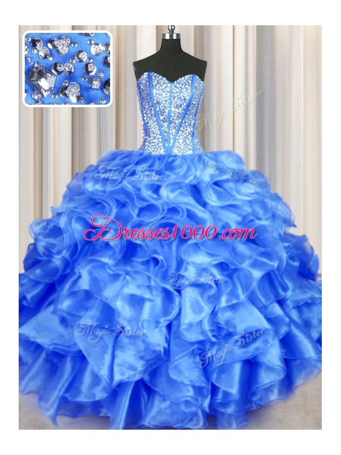 Blue Lace Up Sweetheart Beading and Ruffles Ball Gown Prom Dress Organza Sleeveless