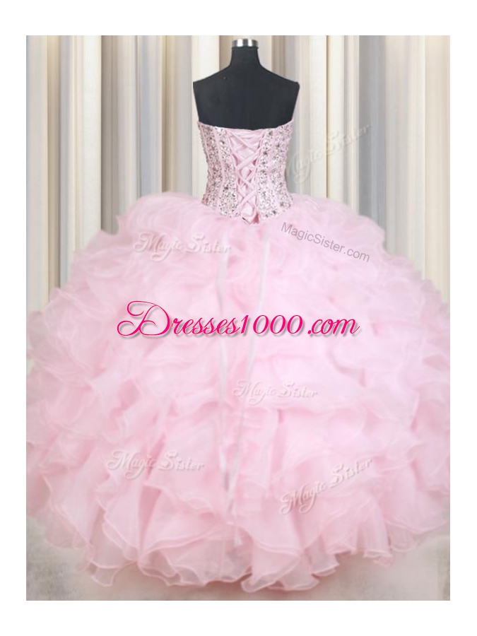 Charming Baby Pink Sleeveless Organza Lace Up 15th Birthday Dress for Military Ball and Sweet 16 and Quinceanera