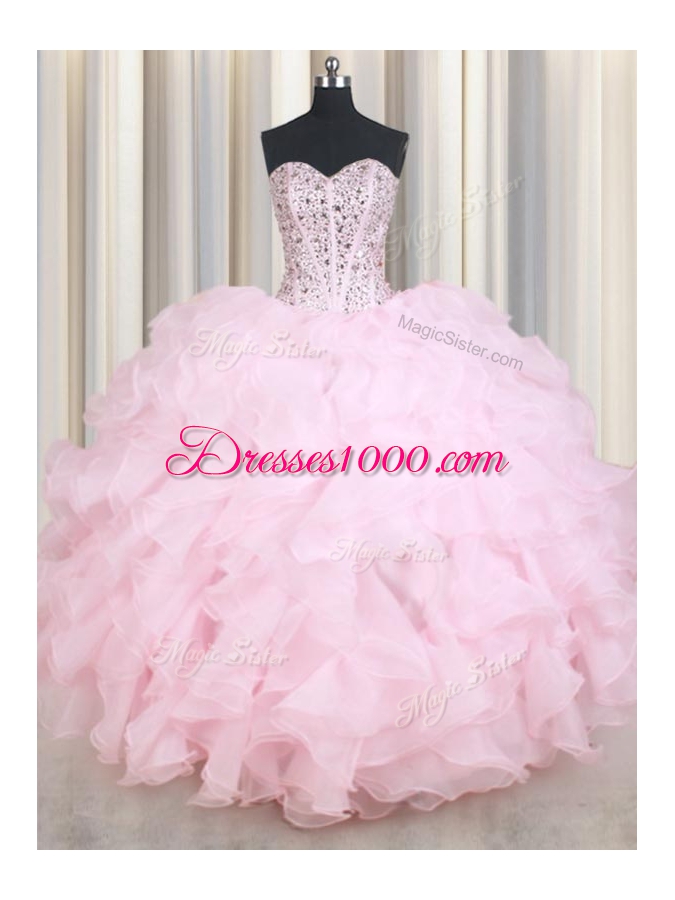 Charming Baby Pink Sleeveless Organza Lace Up 15th Birthday Dress for Military Ball and Sweet 16 and Quinceanera
