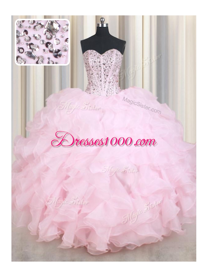 Charming Baby Pink Sleeveless Organza Lace Up 15th Birthday Dress for Military Ball and Sweet 16 and Quinceanera