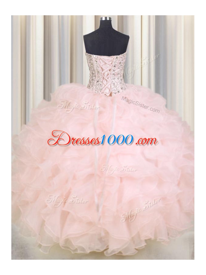 Customized Baby Pink Ball Gowns Beading and Ruffles Quinceanera Gowns Lace Up Organza Sleeveless Floor Length
