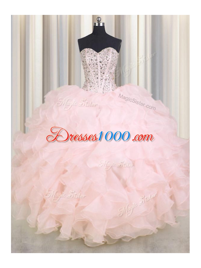 Customized Baby Pink Ball Gowns Beading and Ruffles Quinceanera Gowns Lace Up Organza Sleeveless Floor Length