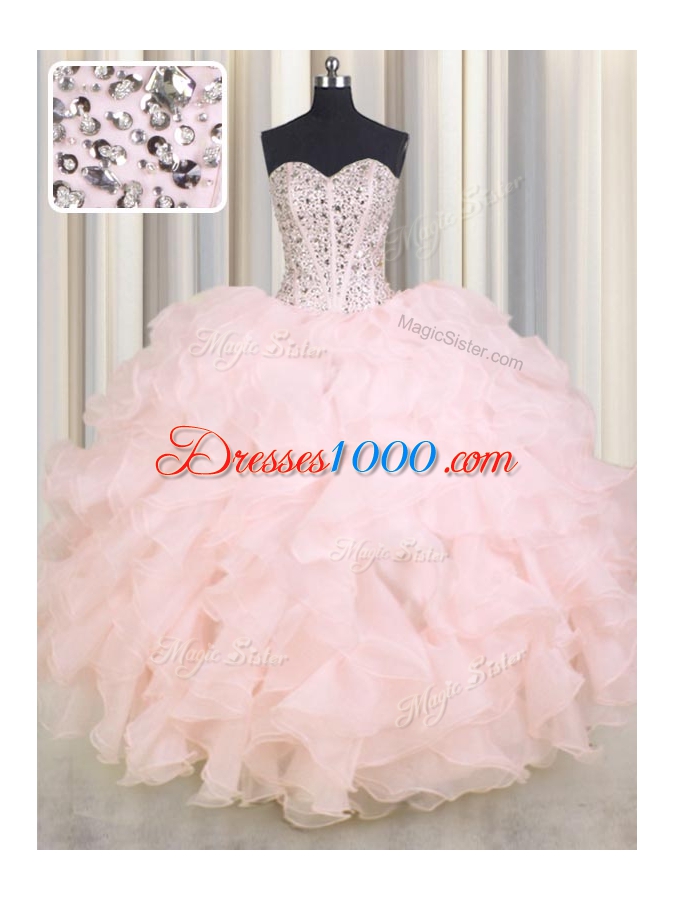 Customized Baby Pink Ball Gowns Beading and Ruffles Quinceanera Gowns Lace Up Organza Sleeveless Floor Length