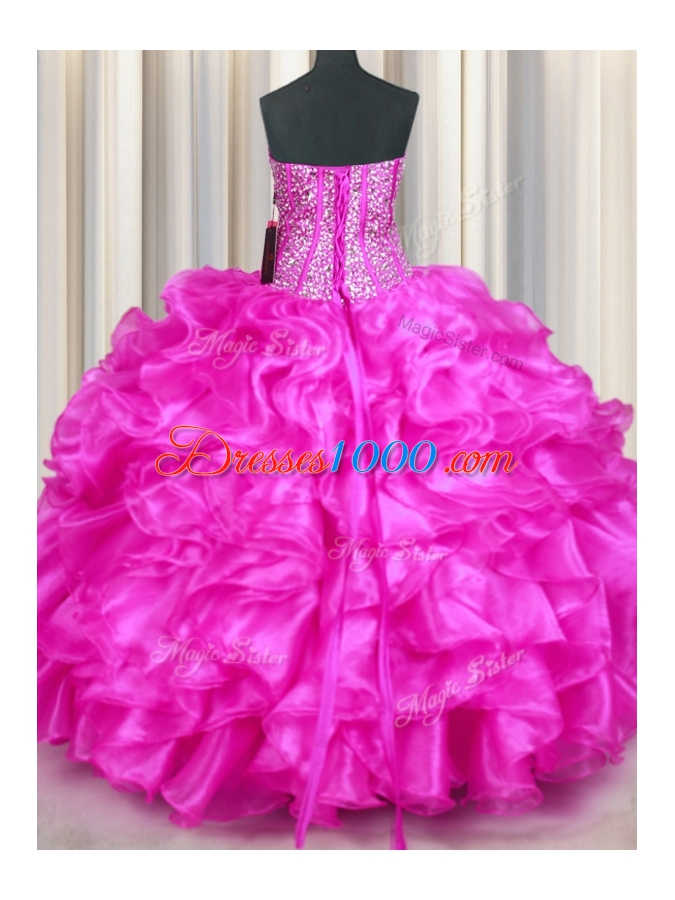 Edgy Organza Sweetheart Sleeveless Lace Up Beading and Ruffles 15th Birthday Dress in Fuchsia