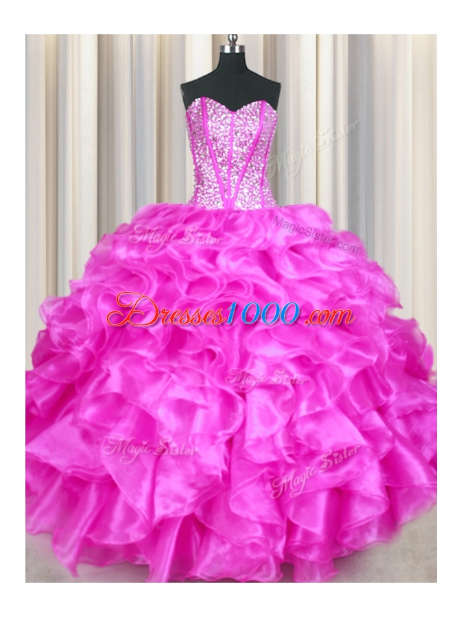 Edgy Organza Sweetheart Sleeveless Lace Up Beading and Ruffles 15th Birthday Dress in Fuchsia