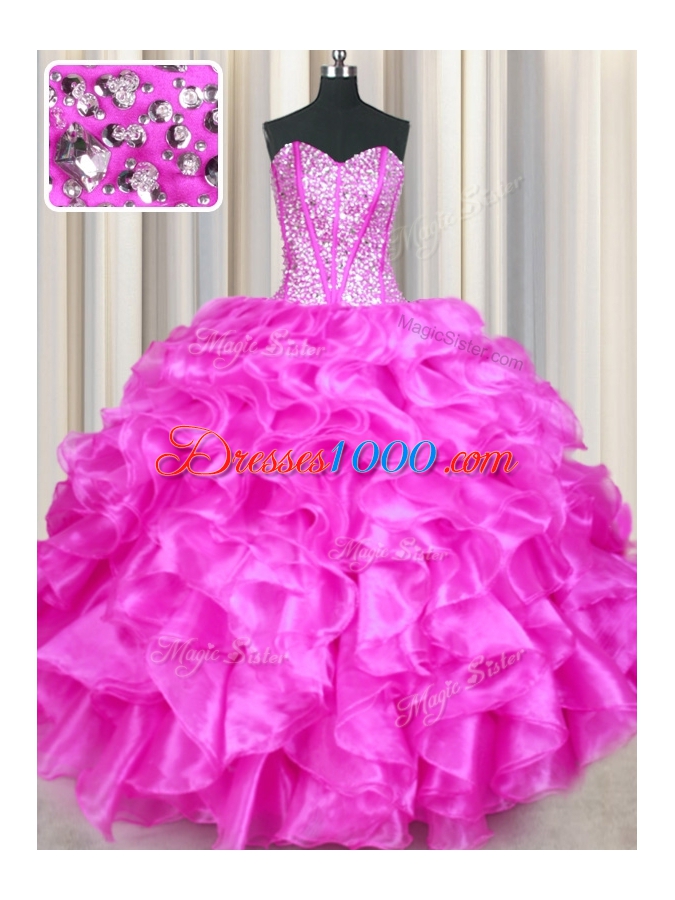 Edgy Organza Sweetheart Sleeveless Lace Up Beading and Ruffles 15th Birthday Dress in Fuchsia