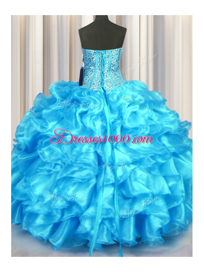 Enchanting Aqua Blue Sweet 16 Quinceanera Dress Military Ball and Sweet 16 and Quinceanera and For with Beading and Ruffles Sweetheart Sleeveless Lace Up