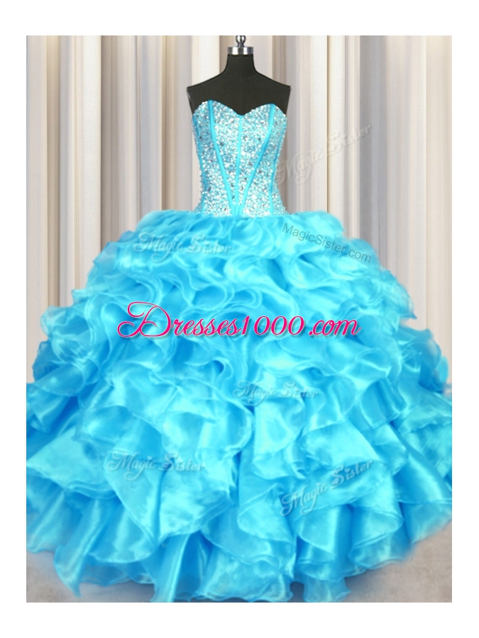 Enchanting Aqua Blue Sweet 16 Quinceanera Dress Military Ball and Sweet 16 and Quinceanera and For with Beading and Ruffles Sweetheart Sleeveless Lace Up