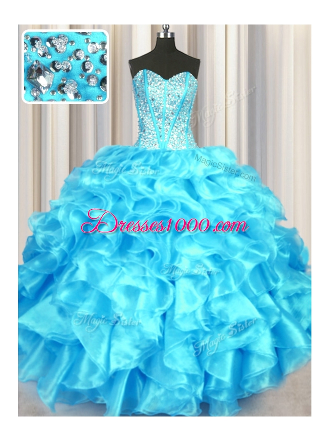 Enchanting Aqua Blue Sweet 16 Quinceanera Dress Military Ball and Sweet 16 and Quinceanera and For with Beading and Ruffles Sweetheart Sleeveless Lace Up