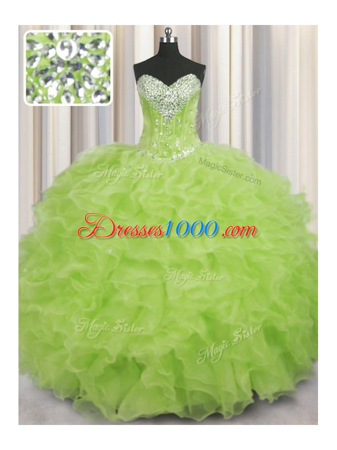 Fashionable Yellow Green Ball Gowns Organza Sweetheart Sleeveless Beading and Ruffles Floor Length Lace Up Vestidos de Quinceanera