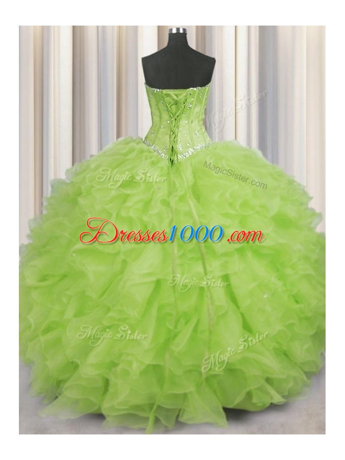 Fashionable Yellow Green Ball Gowns Organza Sweetheart Sleeveless Beading and Ruffles Floor Length Lace Up Vestidos de Quinceanera