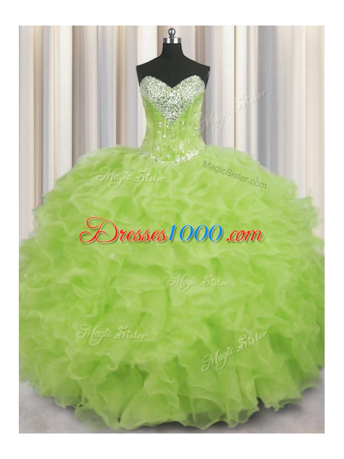 Fashionable Yellow Green Ball Gowns Organza Sweetheart Sleeveless Beading and Ruffles Floor Length Lace Up Vestidos de Quinceanera