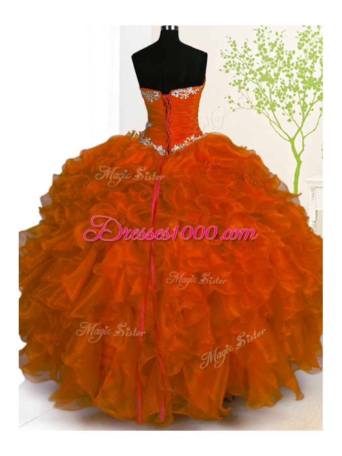 Fine Sweetheart Sleeveless Quinceanera Gowns Floor Length Beading and Ruffles Rust Red Organza