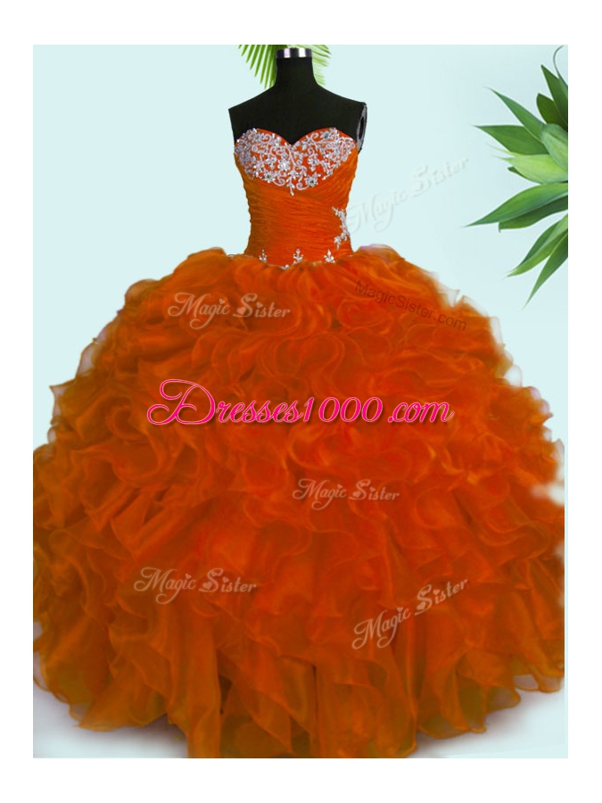 Fine Sweetheart Sleeveless Quinceanera Gowns Floor Length Beading and Ruffles Rust Red Organza