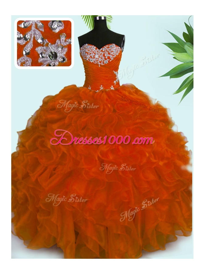 Fine Sweetheart Sleeveless Quinceanera Gowns Floor Length Beading and Ruffles Rust Red Organza
