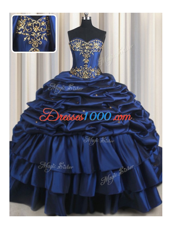 Flare With Train Navy Blue Vestidos de Quinceanera Taffeta Court Train Sleeveless Embroidery and Pick Ups