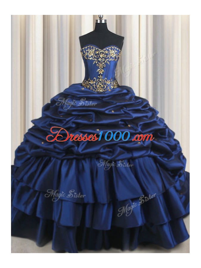Flare With Train Navy Blue Vestidos de Quinceanera Taffeta Court Train Sleeveless Embroidery and Pick Ups