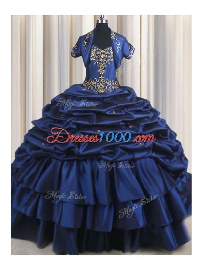 Flare With Train Navy Blue Vestidos de Quinceanera Taffeta Court Train Sleeveless Embroidery and Pick Ups