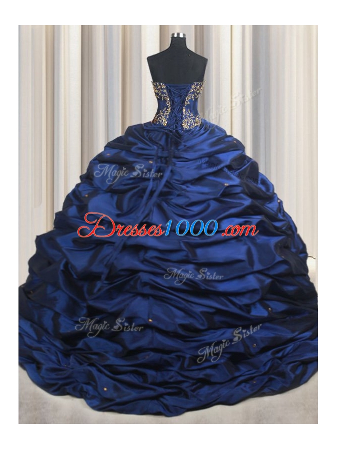 Flare With Train Navy Blue Vestidos de Quinceanera Taffeta Court Train Sleeveless Embroidery and Pick Ups