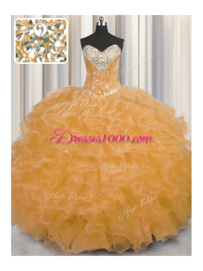 Flirting Orange Sleeveless Beading and Ruffles Floor Length 15th Birthday Dress
