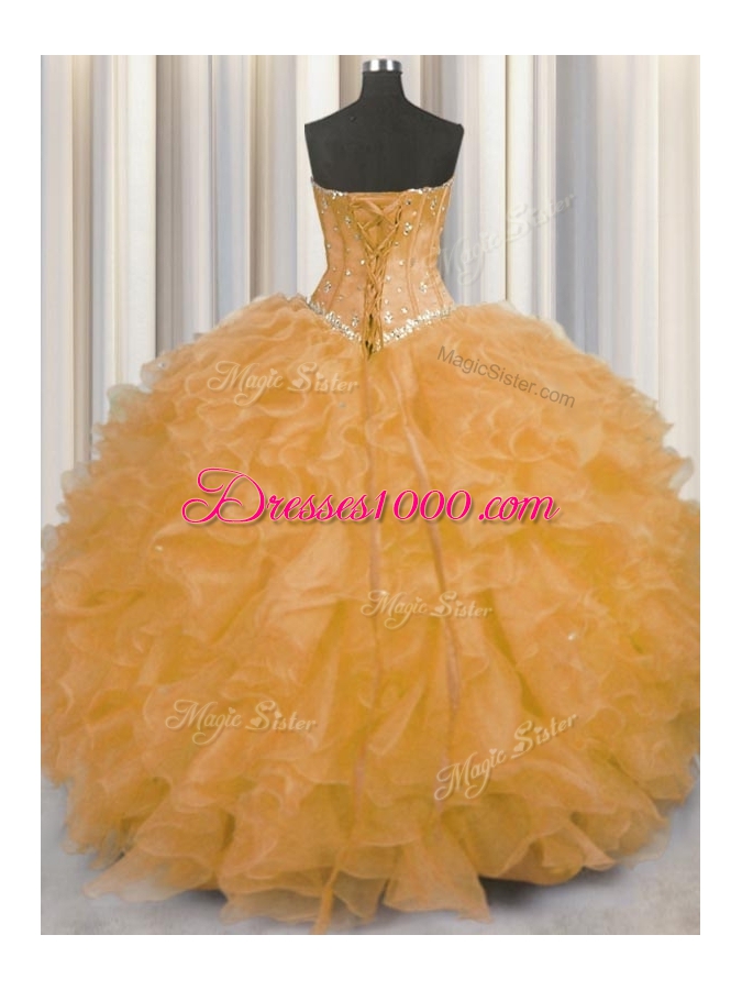 Flirting Orange Sleeveless Beading and Ruffles Floor Length 15th Birthday Dress