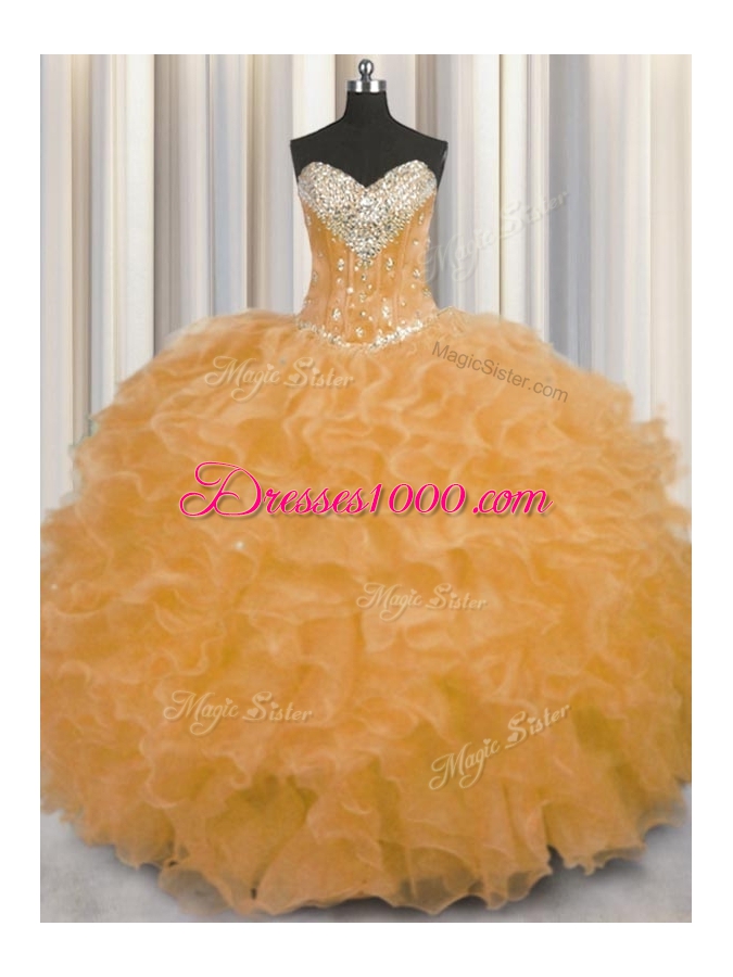 Flirting Orange Sleeveless Beading and Ruffles Floor Length 15th Birthday Dress
