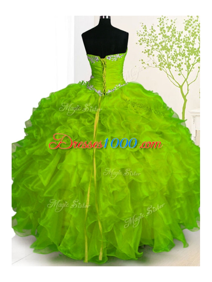Floor Length Lace Up Sweet 16 Dress Yellow Green and In for Military Ball and Sweet 16 and Quinceanera with Beading and Ruffles