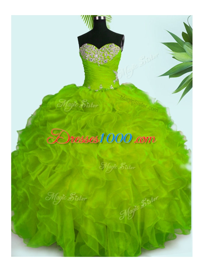 Floor Length Lace Up Sweet 16 Dress Yellow Green and In for Military Ball and Sweet 16 and Quinceanera with Beading and Ruffles