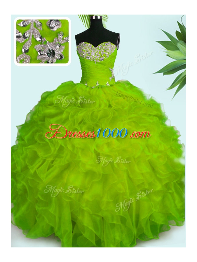 Floor Length Lace Up Sweet 16 Dress Yellow Green and In for Military Ball and Sweet 16 and Quinceanera with Beading and Ruffles
