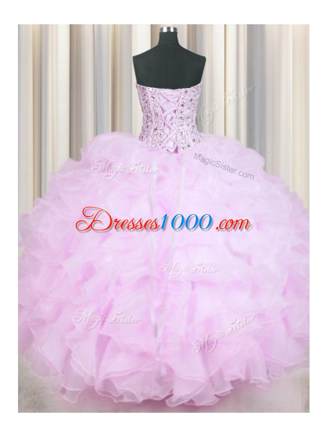 Graceful Mermaid Lilac Lace Up 15th Birthday Dress Beading and Ruffles Sleeveless Floor Length