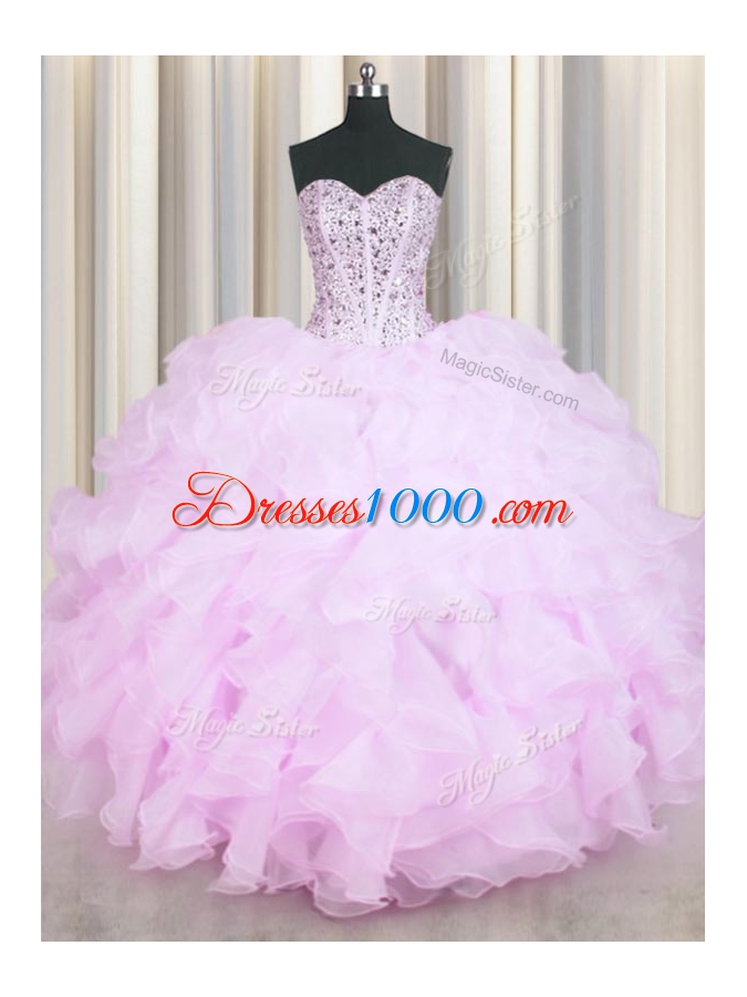 Graceful Mermaid Lilac Lace Up 15th Birthday Dress Beading and Ruffles Sleeveless Floor Length